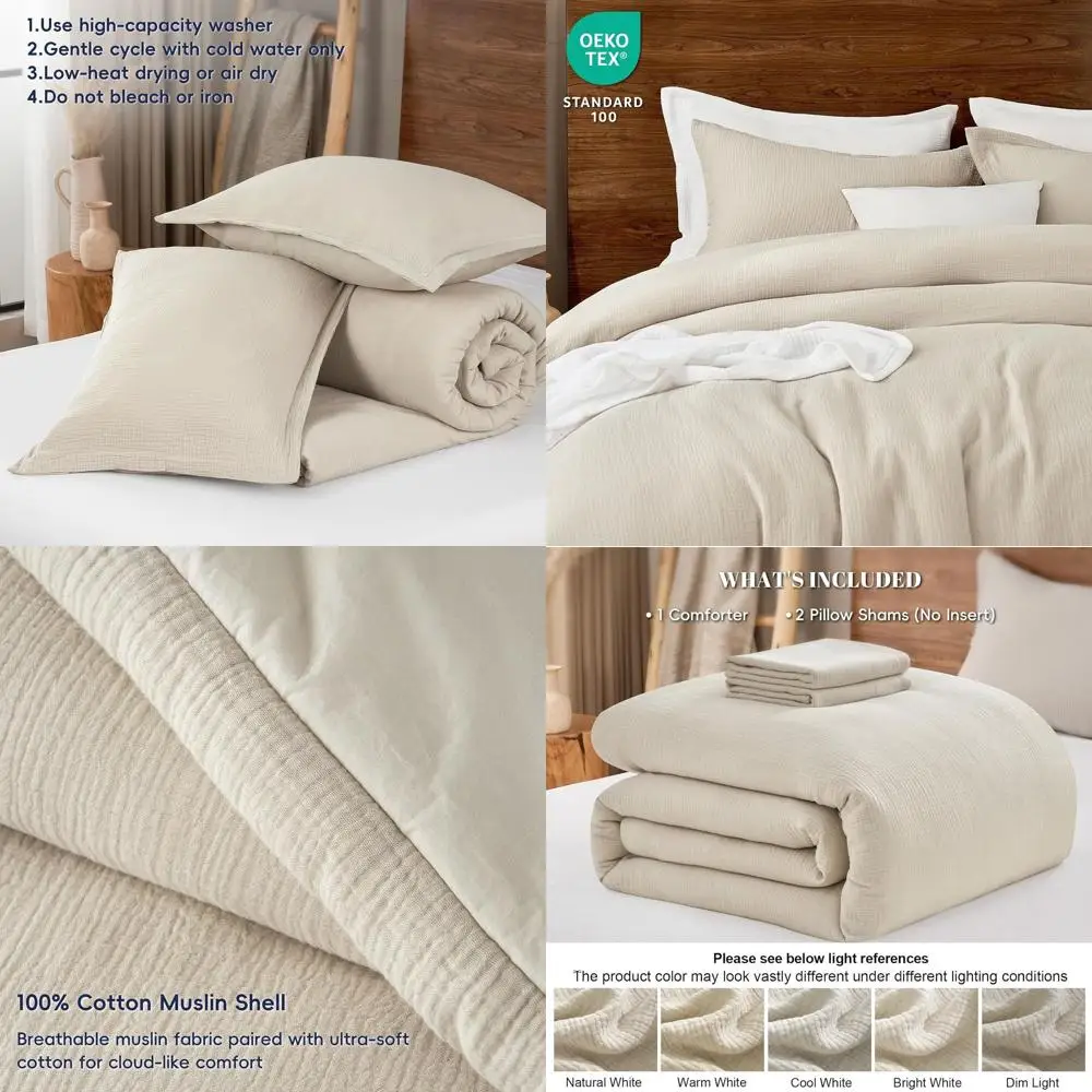 

King Size Cotton Muslin Comforter Set - Ultra Soft, Breathable, Lightweight, All-Season Bedding with 100% Polyester Fill, Includ