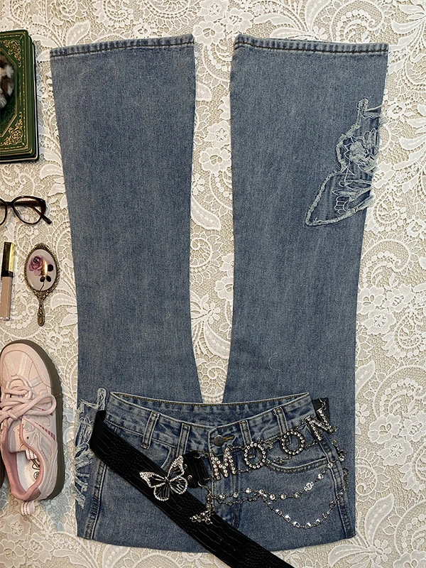 

Синие расклешенные джинсы с вышивкой, женские винтажные повседневные джинсовые брюки с высокой талией на молнии, женские модные весенне-летние