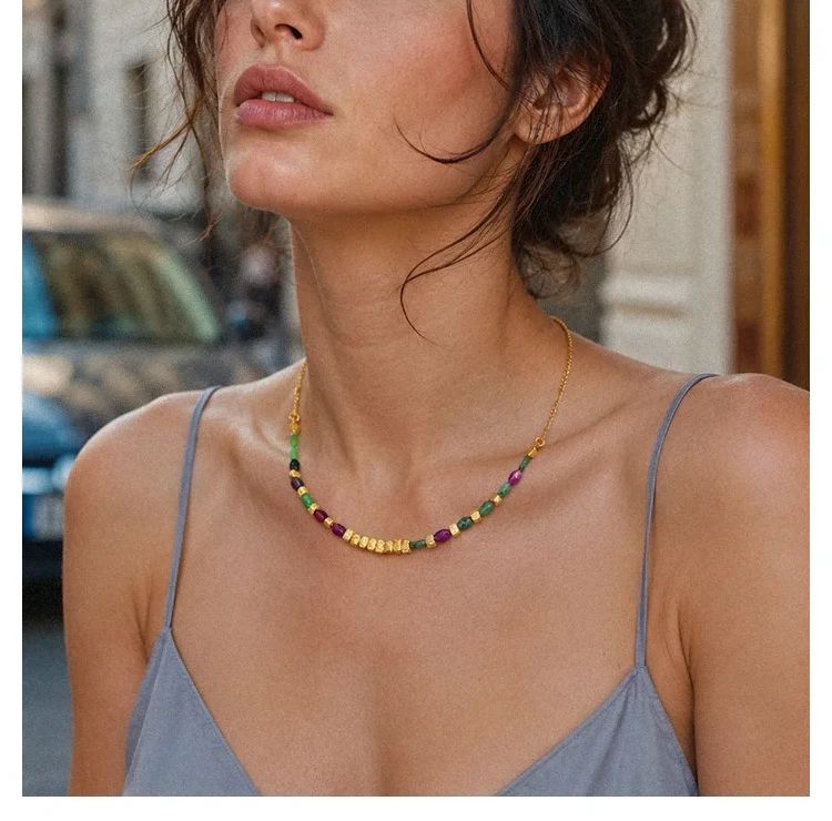 

Litheline 24K Gold Plated Brass Multi-Color Gemstone Choker, Hammered Nugget Accents Skin-Safe Bohemian Vacation Jewelry
