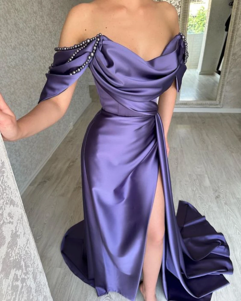 Luxe Paarse Avondjurken 2024 Elegante Vrouwen Aangepaste Uit De Schouder Satijnen Lange Bruiloft Jurk Sexy Split Prom Gown