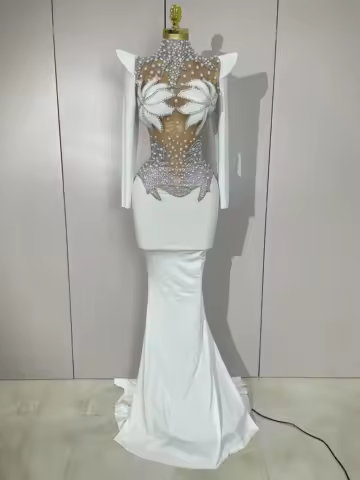 Luxury Sparkly Diamonds Pearl White See Through Mesh Long Dress Women Wedding Evening Party Stage Performance Photoshoot Dress