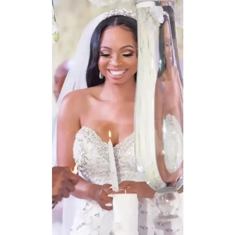 

Customized Sweetheart Mermaid Wedding Dresses Sparkly Crystals Beaded Cascading Ruffles Bridal Gowns Long Plus Size