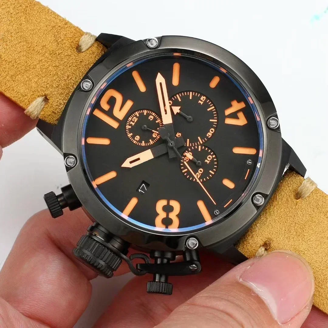 Luxury New Quartz Chronograph Mens Watch U U72 Chimera Brown Leather Orange Boat Reloj Hombre