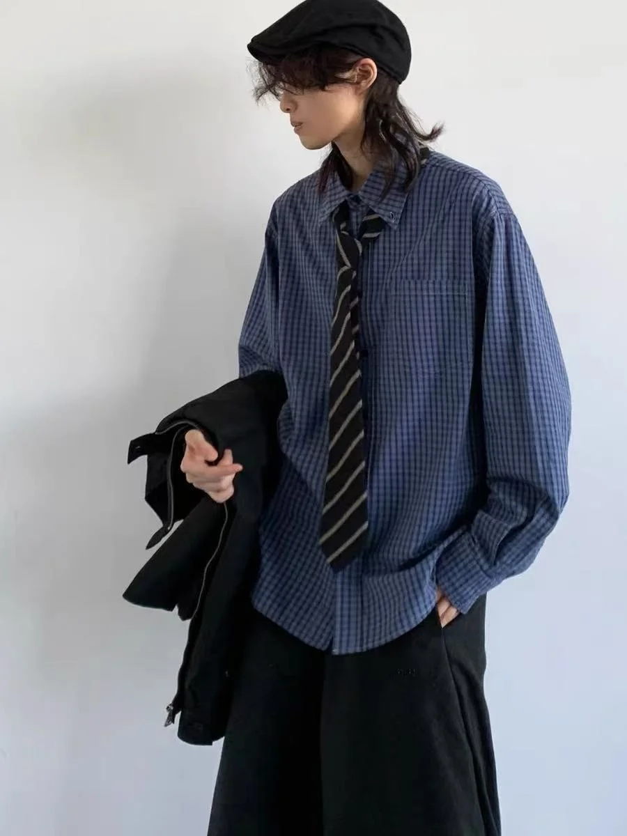 

Свободная повседневная рубашка в клетку с длинным рукавом, осенняя новинка, винтажная японская синяя рубашка, молодежная, из полиэфирного волокна