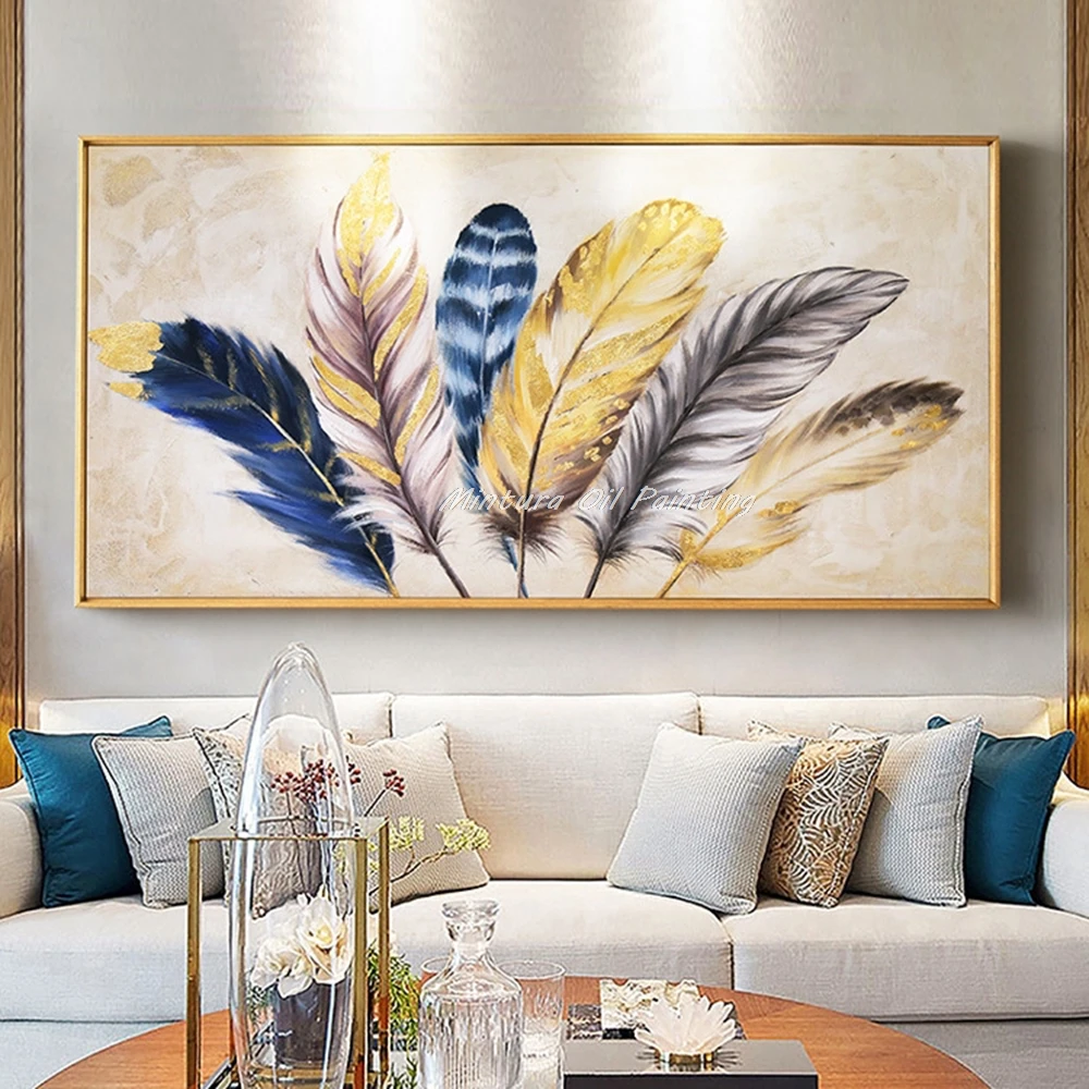 Mintura,Handpainted Abstract Golden Beautiful Feather Oil Paintings Canvas Large Poster Modern Home Decoration Wall Art Pictures