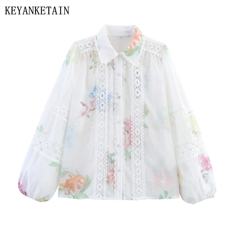 

KEYANKETIAN Spring/Autumn New Embroidery Decoration Flower Print Women Shirt French Style Single Breasted Lantern Sleeve Blouses