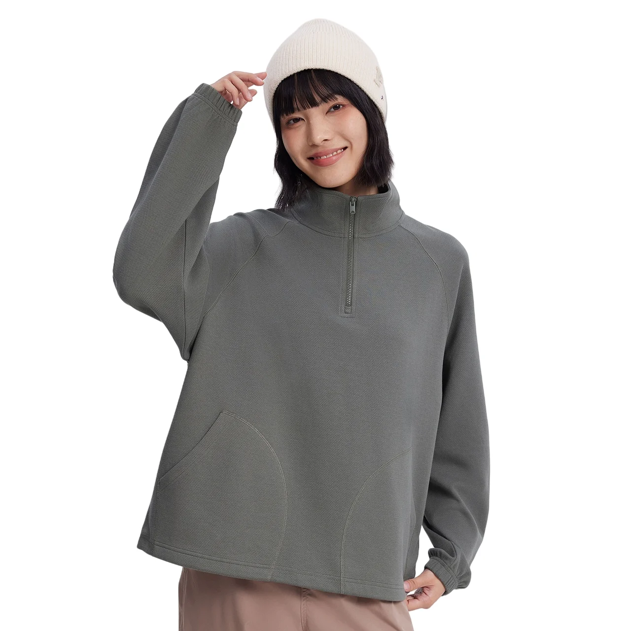 Metersbonwe-Women's Small Stand Collar Loose Hoodie With Half Zipper Adjustable Elastic Hem Pullover Spring Urban Outdoor