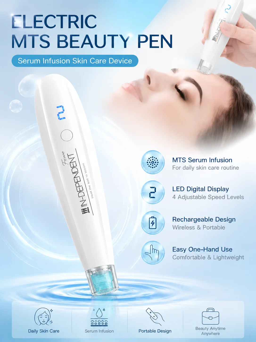 Electric Microneedle Pen MTS Automatic Serum Infusion Device LED Display Skin Care Beauty Tool with 2 Replaceable Cartridges