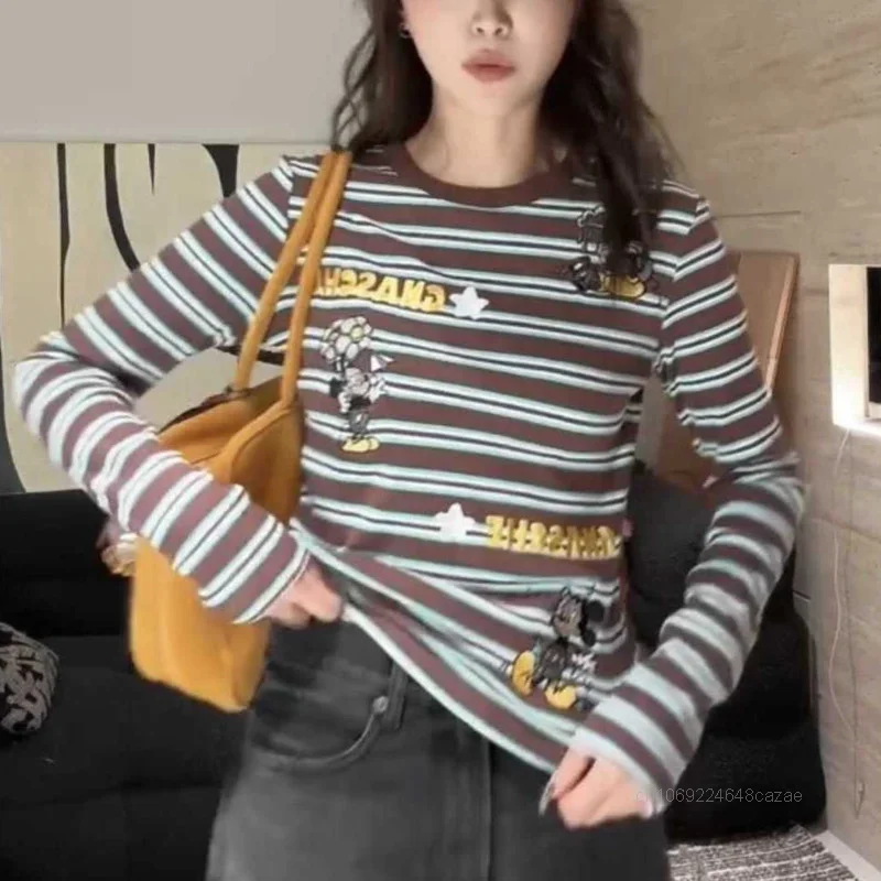 Disney Mickey Mouse Letter Cartoon Striped T-shirt Korean Version Trend Versatile Hot Girl Top Women Autumn New Long Sleeve Tees