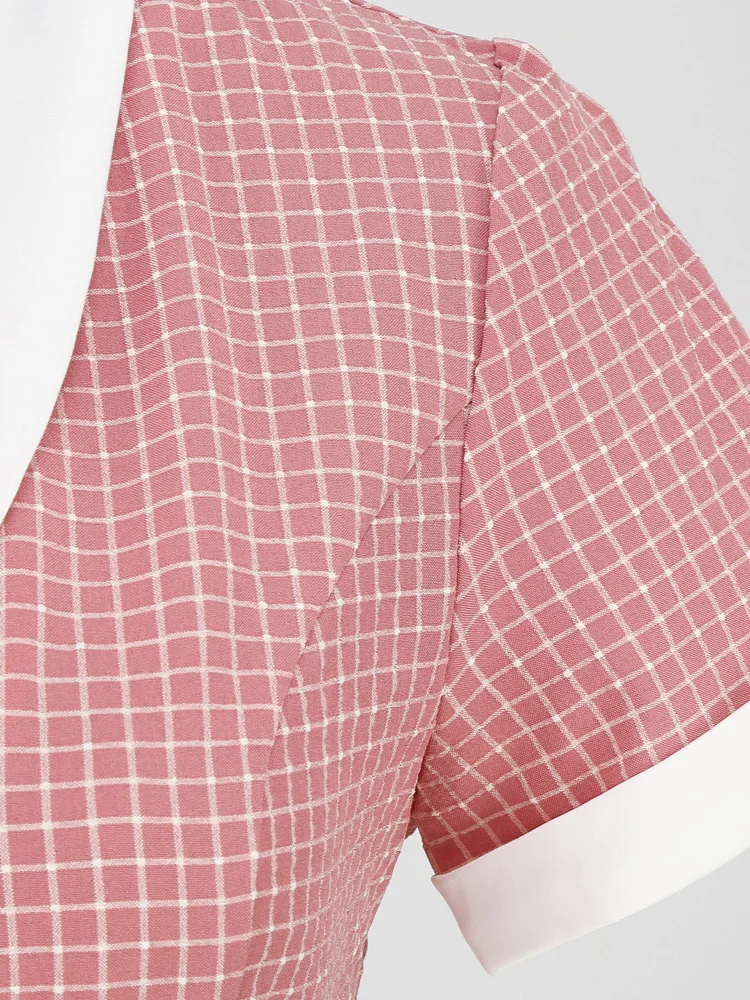 Tonval Shawl Collar Button Up Vintage Robe Plaid Long Dress Evening Elegant for Women Short Sleeve Pockets A-Line Dresses