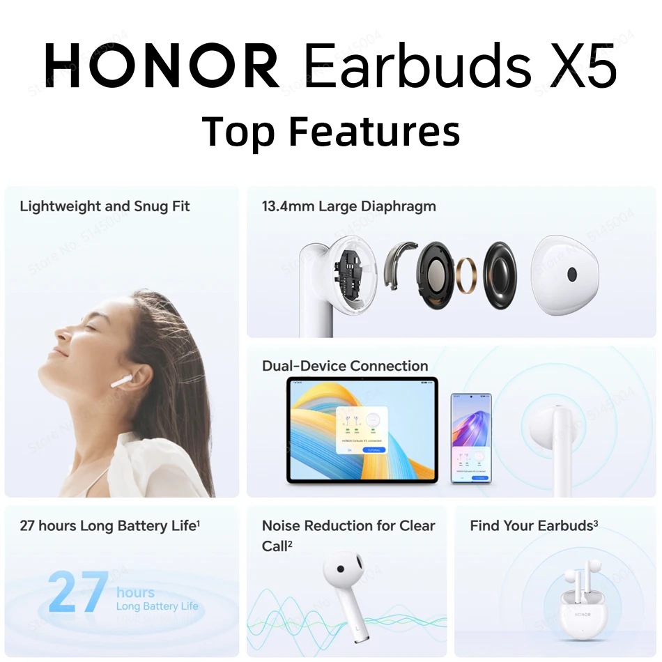 Honor Earbuds X5 TWS Earphone Bluetooth Call Noise Cancelling True Wireless Headphone 27 Hour Battery Life For HONOR 90