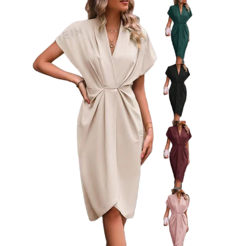 

Women's Summer Solid Patchwork Pleated Elegant Bud Dress V Neck Short Sleeve Slim Casual Irregular Dresses Streetwear