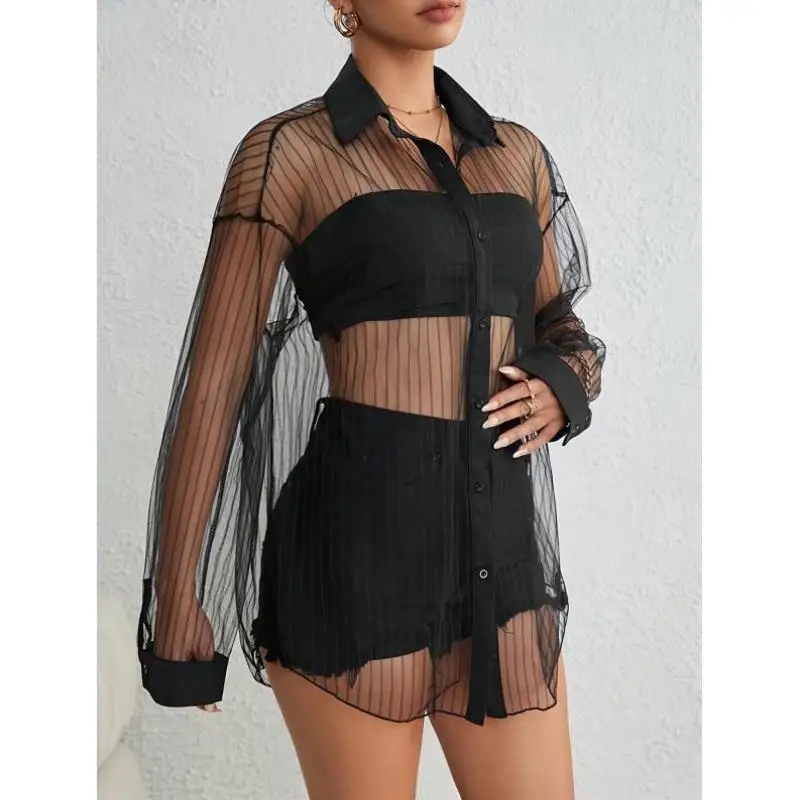 

Ele Bla Striped irt Long Sve Translucent Button Detail A-Line Sve Women's irt Polyester Fabric Fce Lined