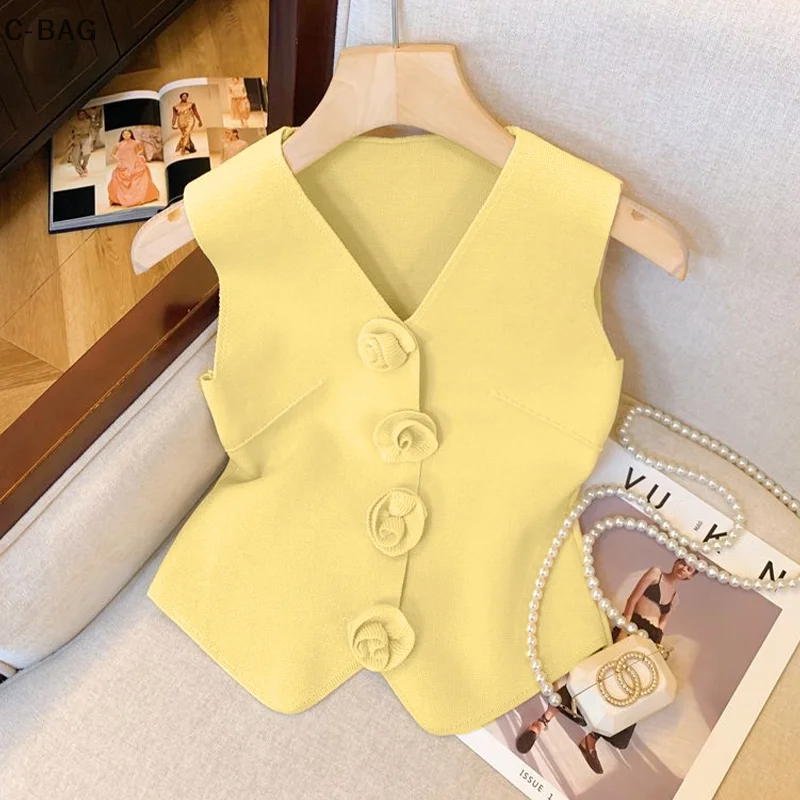 French Retro Three-dimensional Flower V-neck Single Breasted Sleeveless Slim Knitted Vest For Women