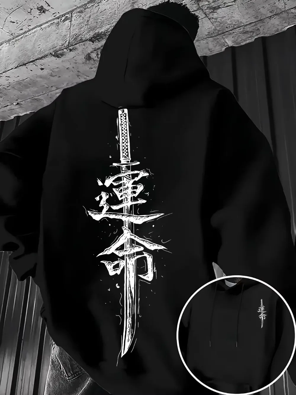 Harajuku Men's Japanese Katana Sword Kanji Fate Letter Graphic Hoodie Sweatshirt 2D Printed Autumn Winter Casual Streetwear Top