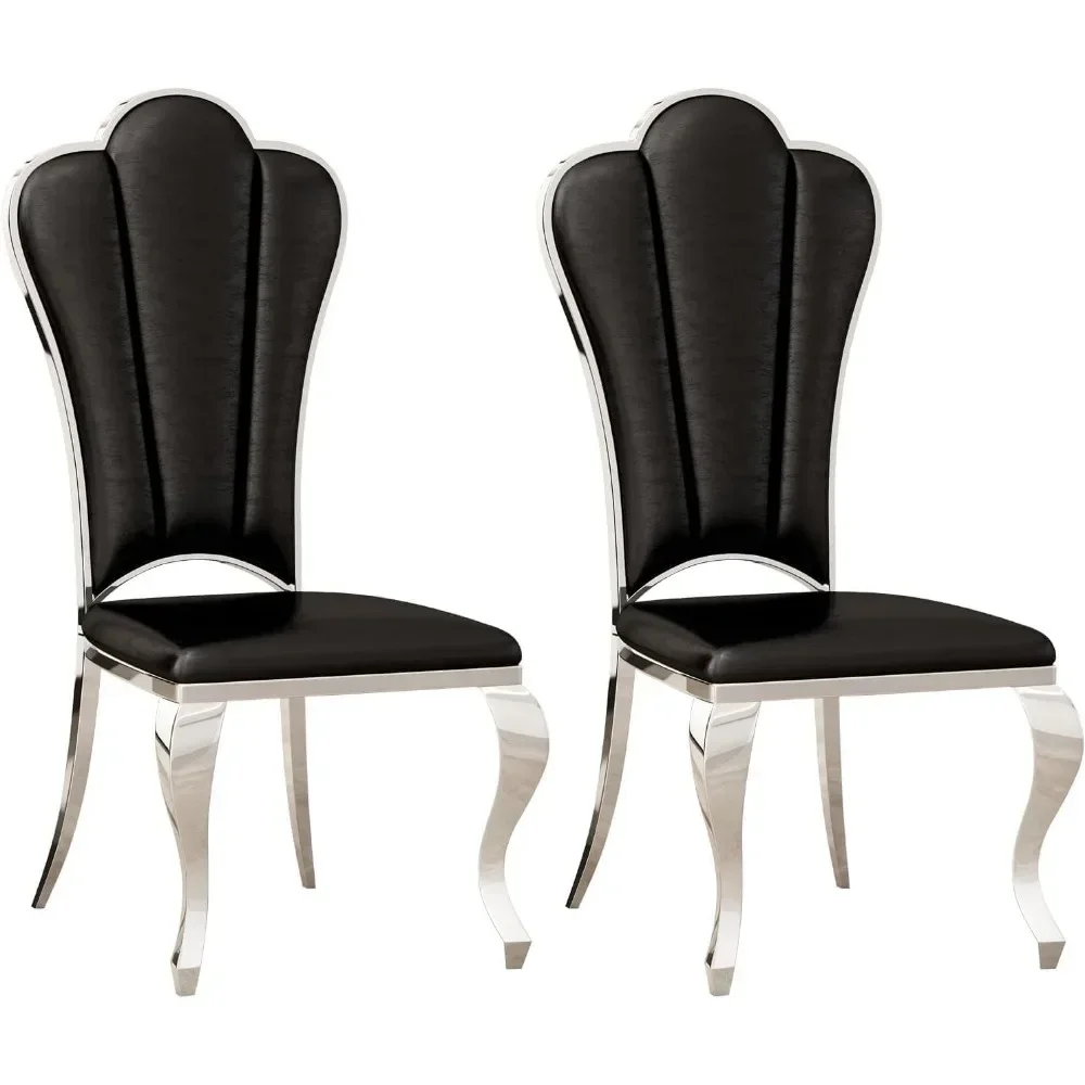 Dining Chair Set of 2 with Silver Stainless Steel Legs, Flower Back, Upholstered Side Chairs, Modern Luxury Leather Dining Chair