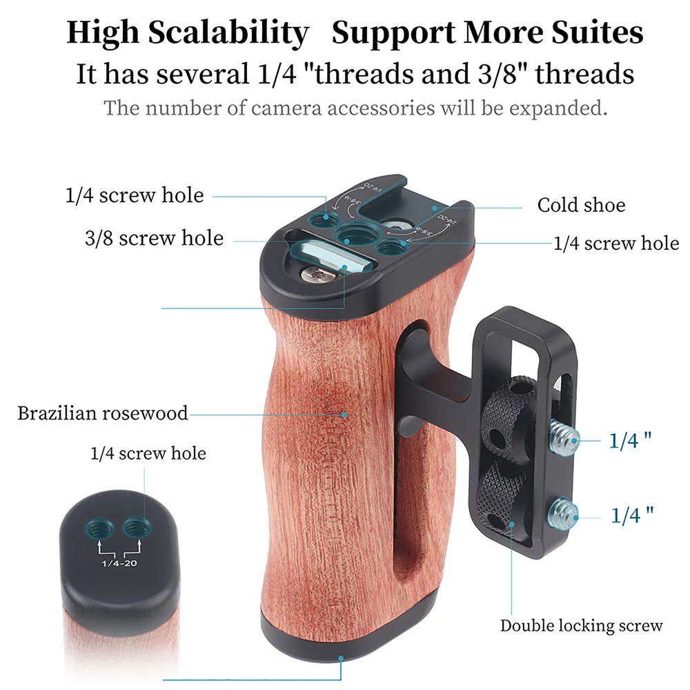 Jaula Universal para cámara, mango lateral izquierdo/derecho para Sony, Canon, Nikon, mango de madera, Zapata fría para micrófono, luz de vídeo