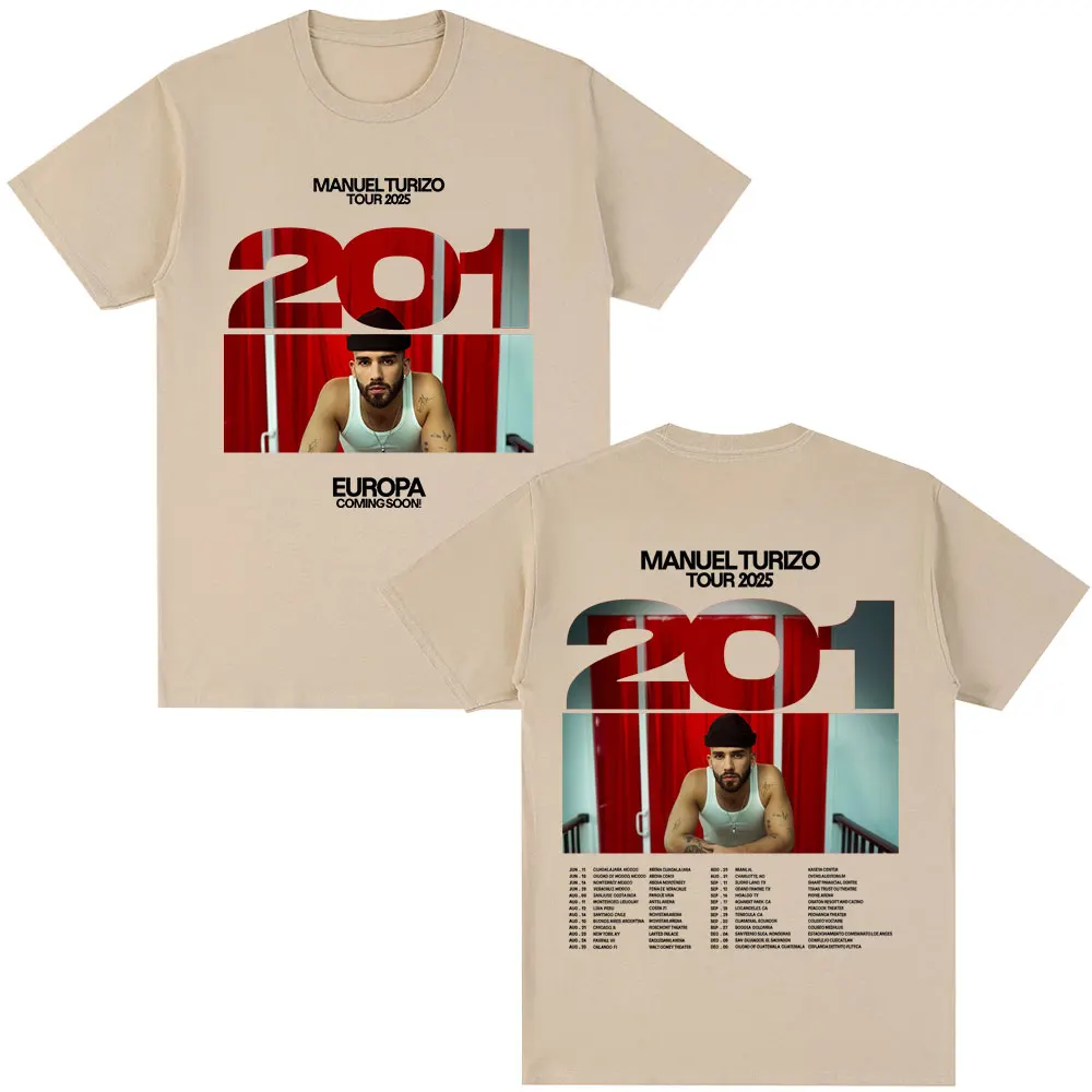

Футболка Manuel Turizo Album 201 Tour 2025 для мужчин и женщин в стиле хип-хоп, модные негабаритные футболки с короткими рукавами, повседневная футболка из 100% хлопка