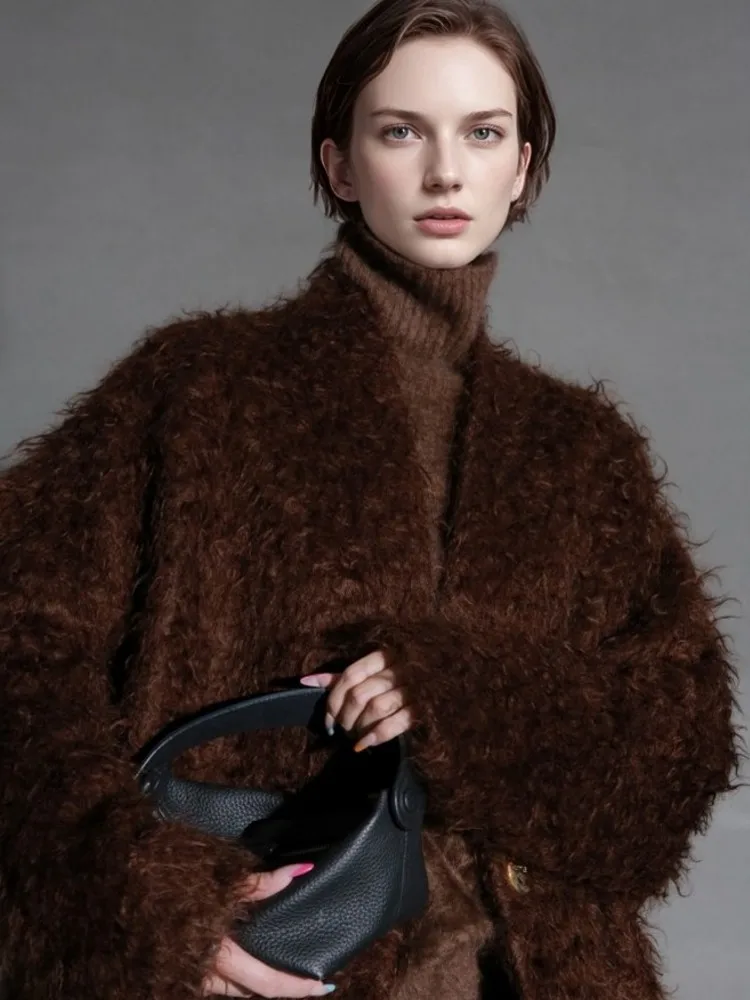 Elegant Fashion Women Solid Color Ripple Wool Coat V Neck Single Breasted Outerwear Winter Overcoat Female Loose Fit Warm Jacket