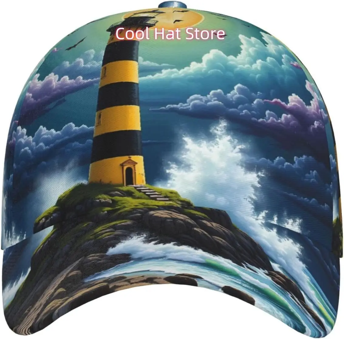 Lighthouse Bat Pattern Baseball Cap Adjustable Cotton Baseball Hat for Sports, Outdoor, Travel Gifts for Men Black