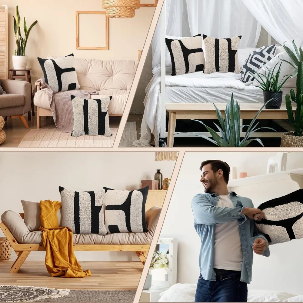 أغطية وسائد معنقدة مكتنزة باللونين الأبيض والأسود، أغطية وسائد مزخرفة هندسية بوهو، نمط تجريدي مقاس 18 × 18 بوصة #5