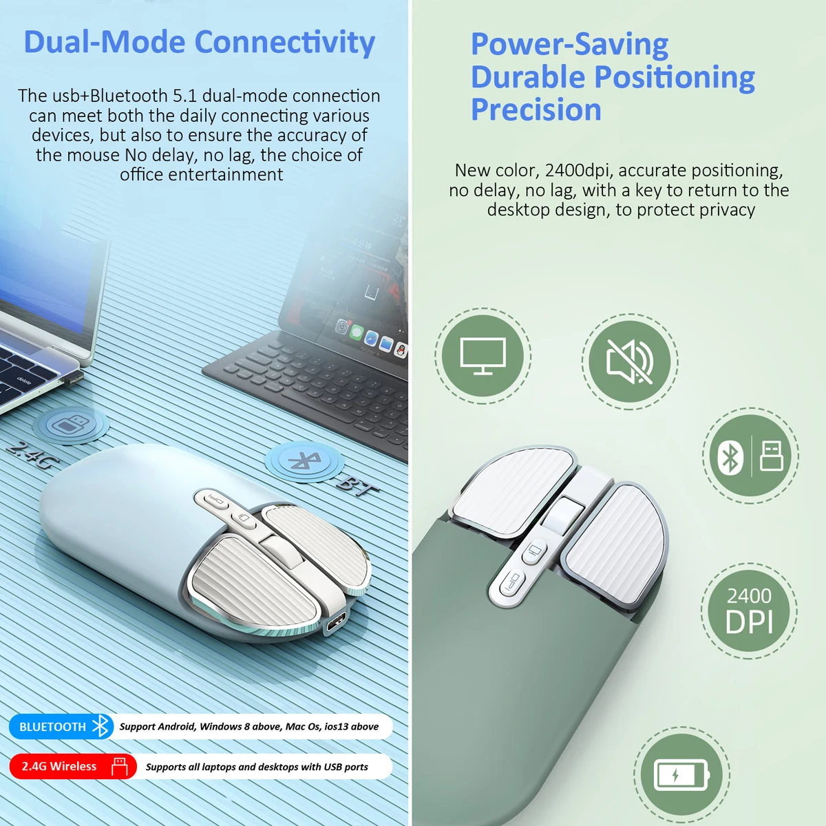Wireless Dual Model Mouse, 2.4G, Bluetooth 5.0, Rechargeable, Silent, Cute, Long Standby, Multi Button, IOS, PC, Notebook