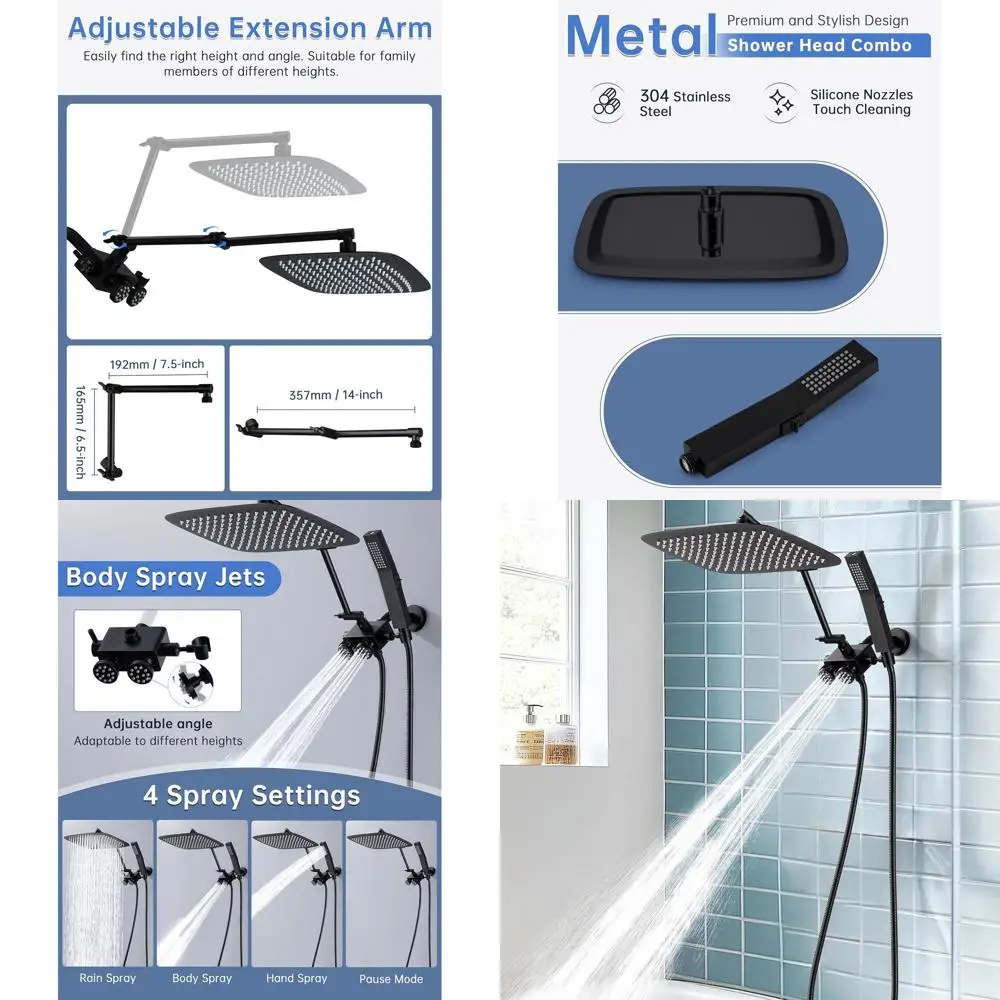 

Металлический душевой гарнитур 12 в 1 с ручным душем, функцией мощного распыления, гидромассажными форсунками, шлангом 71 дюйм, 14-дюймовым кронштейном, матовый черный