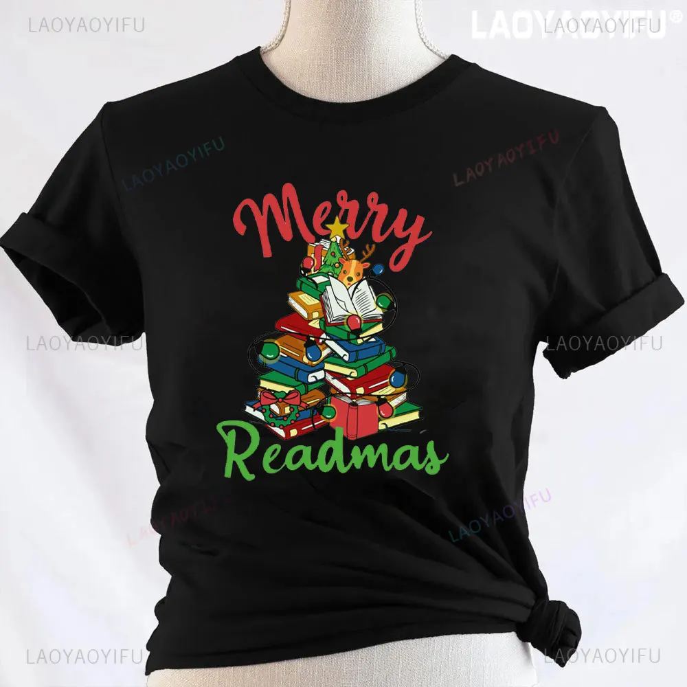 Christmas Tree Books Reindeer Printed T-Shirts Men Women Summer Casual Short Sleeved T-Shirts Round Neck New Year Xmas Tree Tops