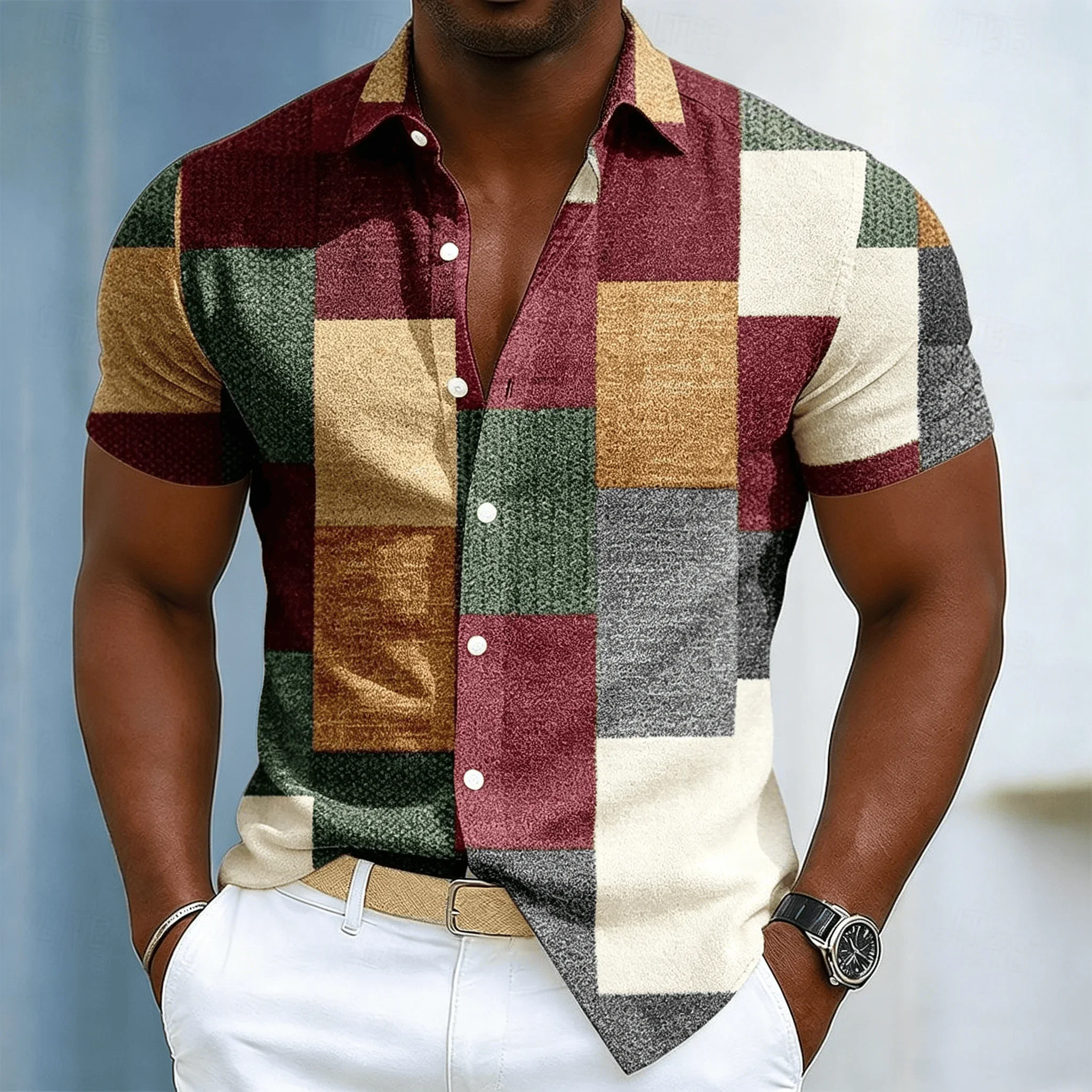 Men's Shirt Color Block Patchwork Print Short Sleeve Turn Down Collar Loose Summer Daily Casual Tops Mens Clothing