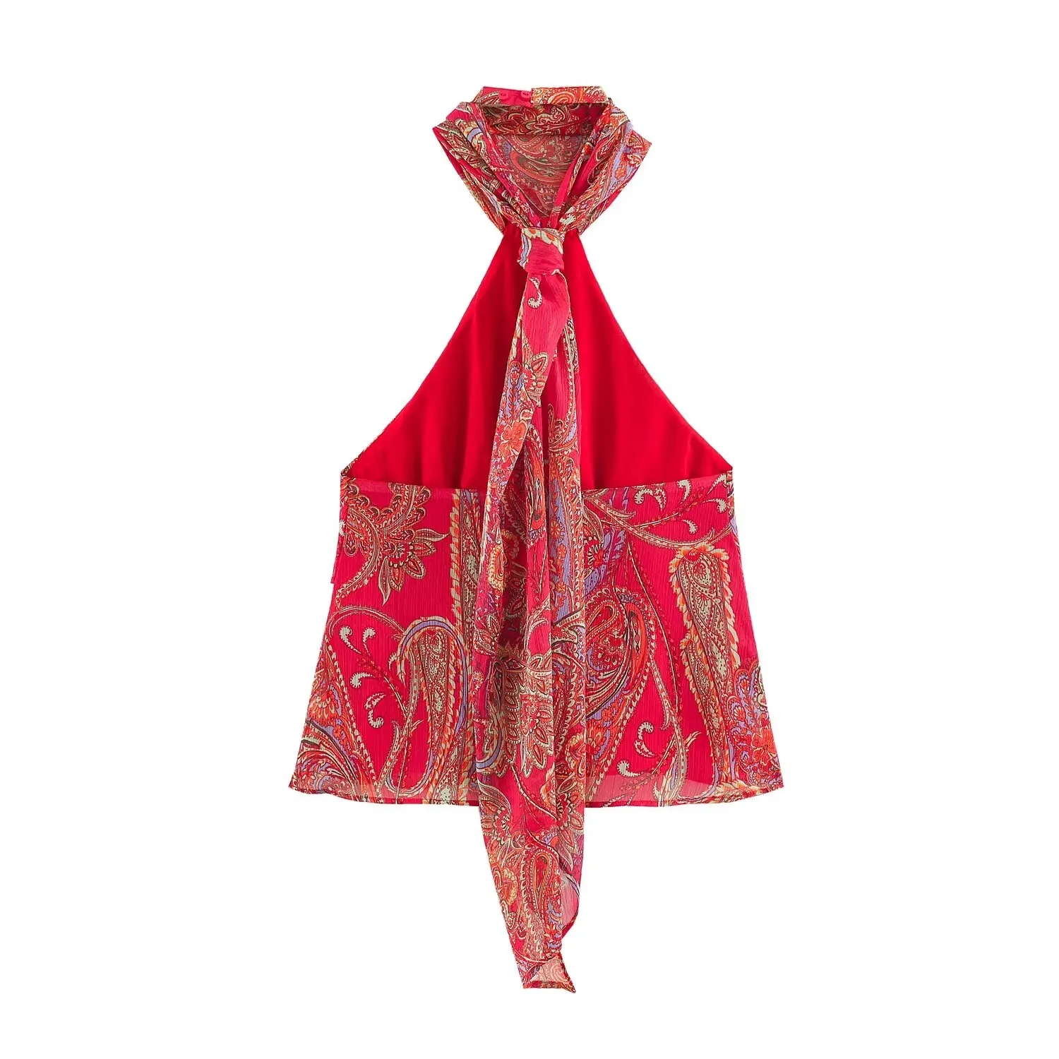 TFMLN Damenrock Zweiteiler-Set, Neckholder-Top mit Rüschen, Hochtaillierter Midirock mit Gürtel, Sommeranzug mit Paisley-Print – Detail 4