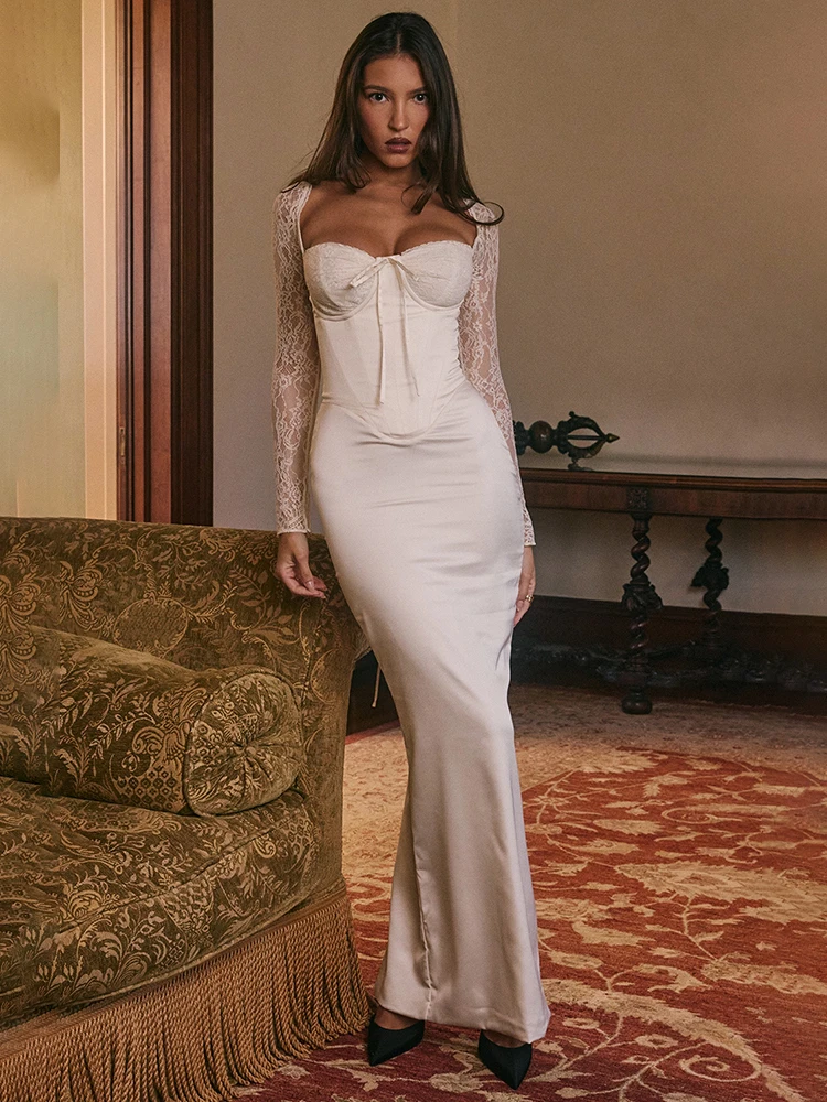 Moziision Koronkowa sukienka z długim rękawem Sexy Maxi Dress For Women White Square Collar Backless Back Split Bodycon Club Party Long Dress