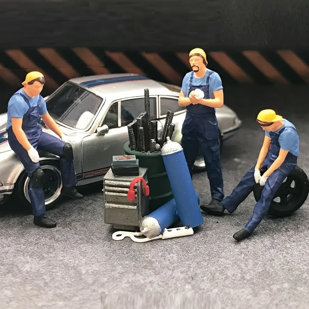 4pcs 1/64 Mini Figure Car Mechanic Repair shop Repairman car technician Macro Shooting/Creative Scene/Moss Decoration/Mini Resin