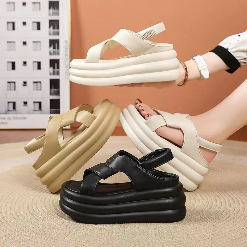 2024 Summer New Thick Sole Heightened Women\'s Sandals with Simple Crossover Platform Solid Color Casual Sandals