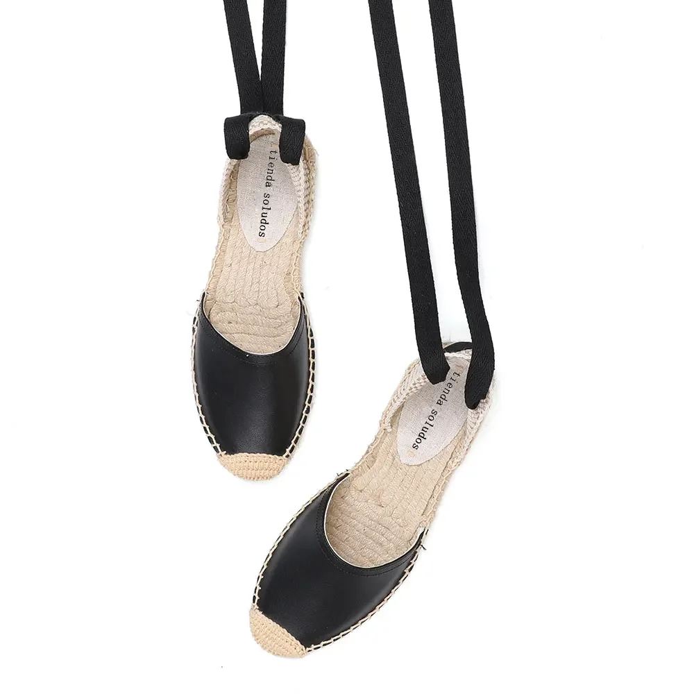 Sandalias de alpargatas de piel auténtica para mujer, zapatos de plataforma con correa en T, informales, con cordones