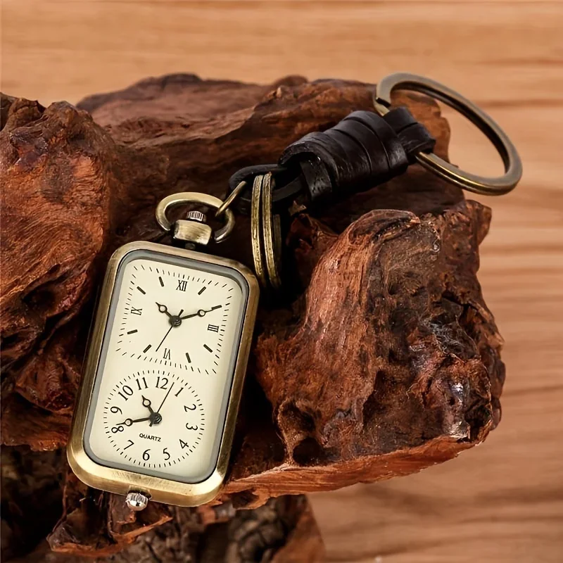 Exquisite Watch Bronze Keychain Pocket Watch Square Retro Double Time Movement Quartz Watch Without Cover Antique Style Pendant