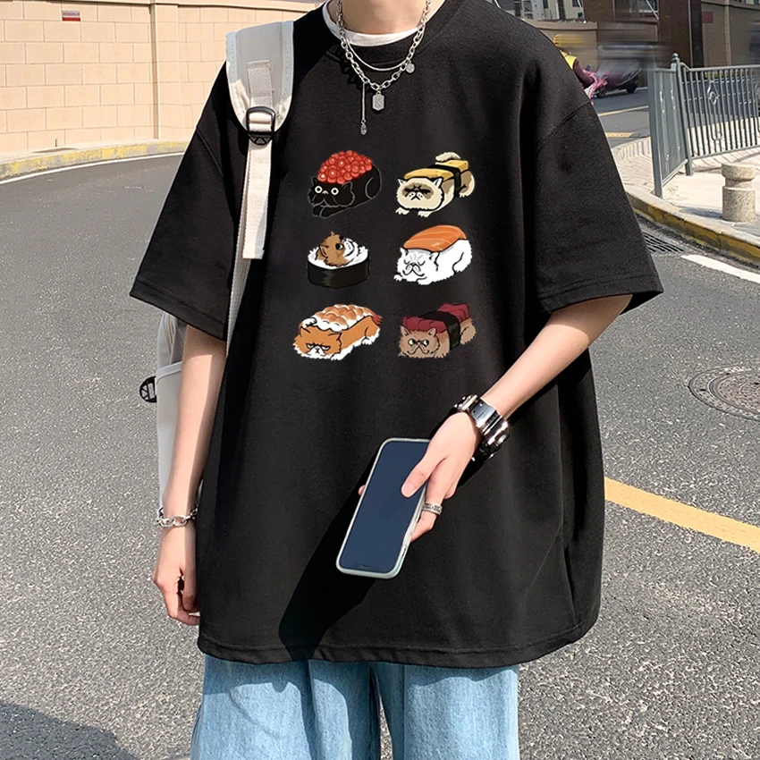 

Summer Cute Kawaii Funny Cats Sushi Oversized t-shirt Men Women 100% Cotton Street Hip Hop short sleeve t-shirts Unisex Tee Tops