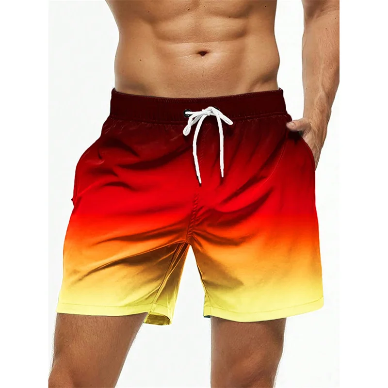 Gradient Color Block Graphic Beach Shorts For Men Colorful 3D Print Board Shorts Casual Breathable Short Pants Loose Swim Trunks