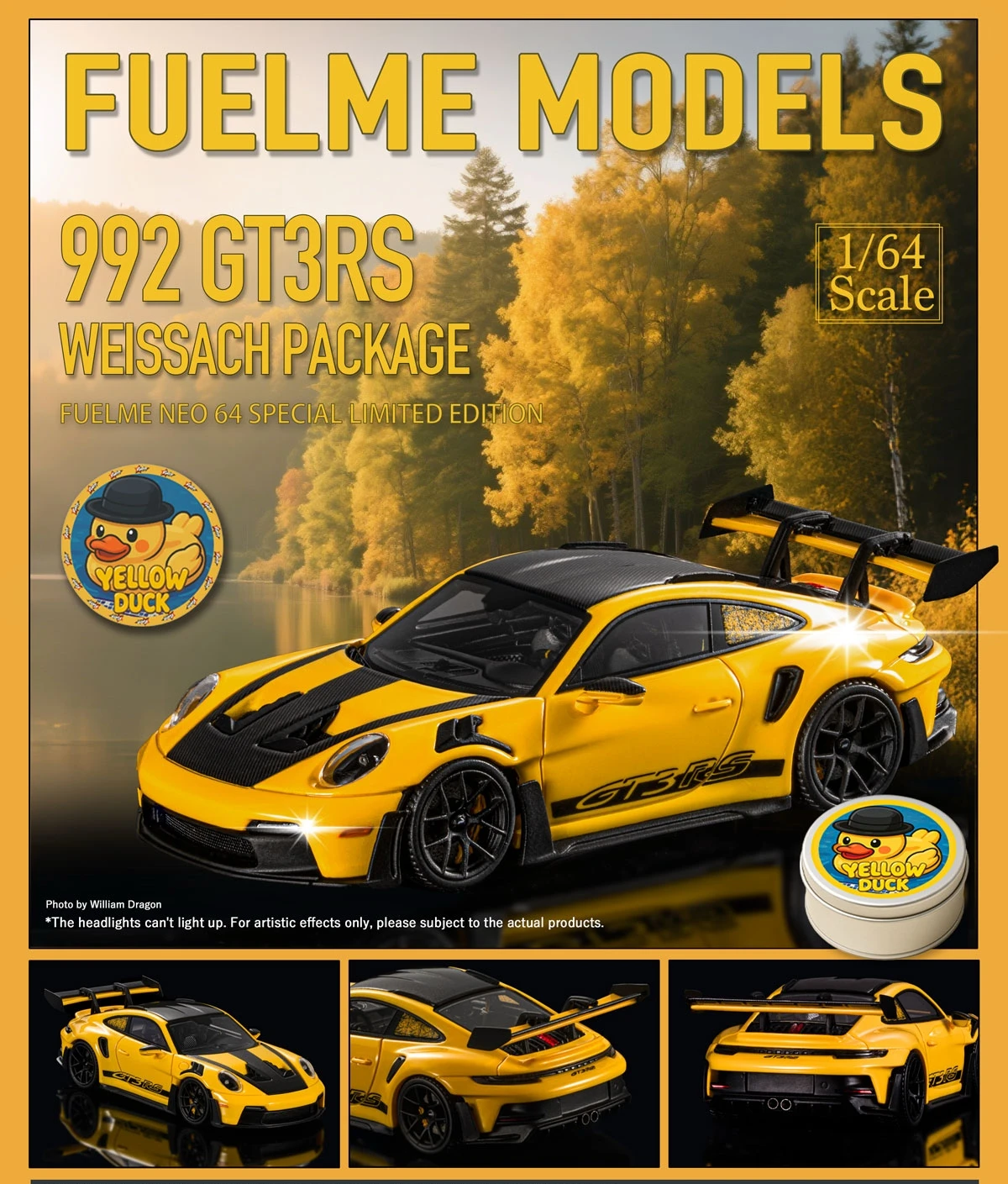 Fuelme 1:64 911 GT3RS 992 Racing Yellow New Limited Edition Resin Simulation Car Model Ornament
