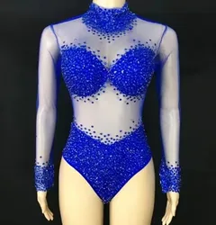 Rompers Birthday Party Outfit RhinestonesBodysuits Singer Team Dance Costume Sexy Blue Stones Transparent Dance Wear