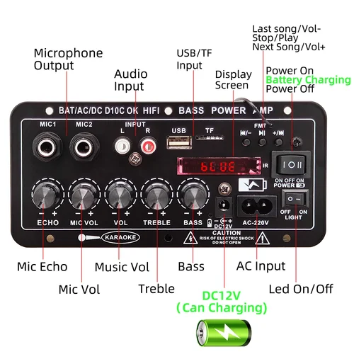 Imagen 2 del producto Woopker Placa de amplificación de potencia D10C BT 5,0 micrófono Dual Subwoofer batería recargable placa amplificadora Digital Karaoke