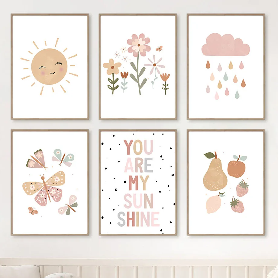 

Pink Small Fresh Flower Weather Sun Rainbow Wall Art Butterfly Canvas Nordic Poster Children's Room Decorative Painting