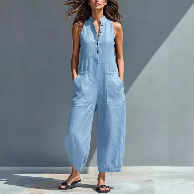 

Basic Solid Women's Jumpsuit Summer Fashion Sleeveless Button Half Open Design Loose Jumpsuits With Pocket Lady Office Clothing