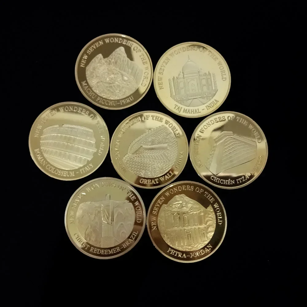 Colección de monedas de las siete maravillas del mundo, insignia conmemorativa chapada en oro, moneda de colección de viajes