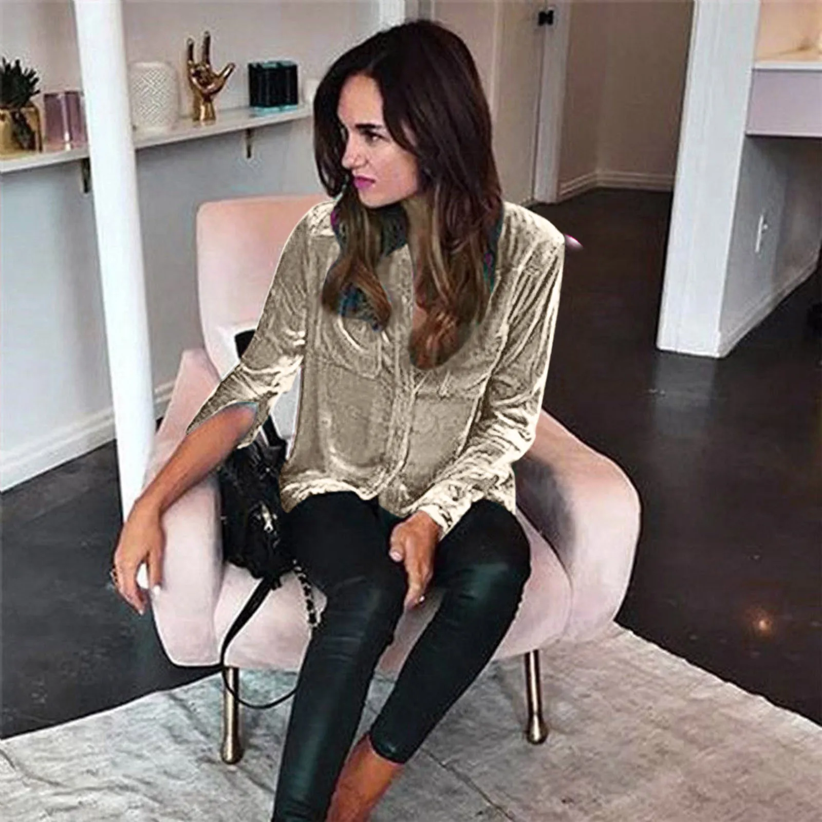 Fashion Velvet Buttons Blouse Shirt Casual Loose Pockets Tops Casual Spring Ladies Female Women Long Sleeve Blusas Pullovers