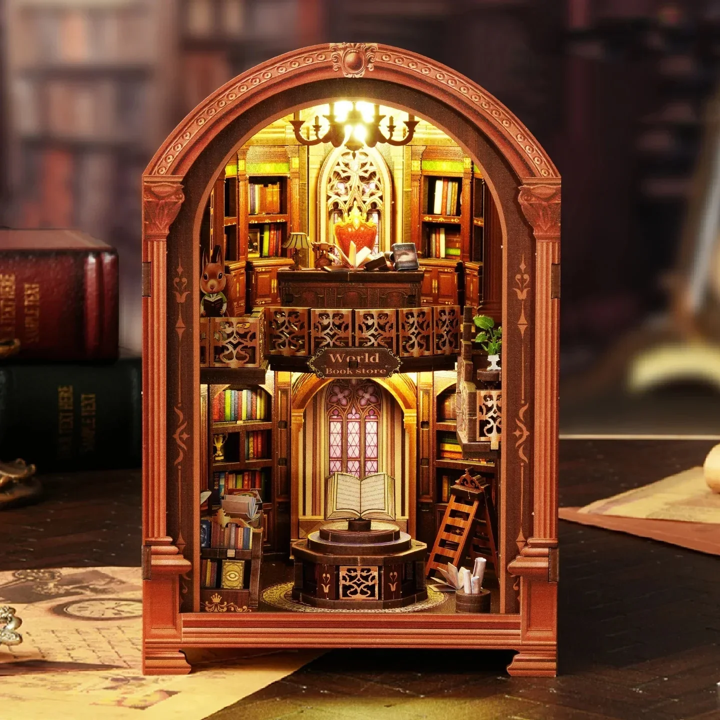DIY Book Nook Shelf Insert Kit Retro Arched Bookstore Bookend Miniature Dollhouse 3D Puzzle Assembly Model for Adults Gifts Toys