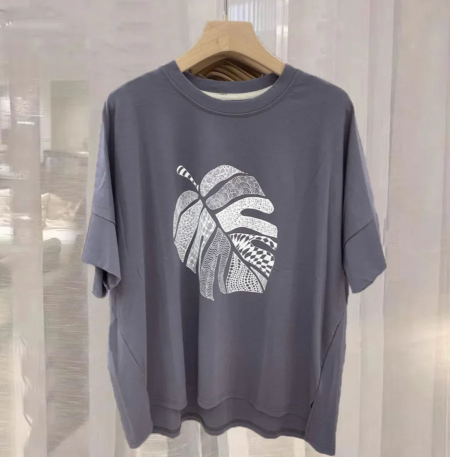 women loose mother cotton tops summer casual tees printed leaf t shirts