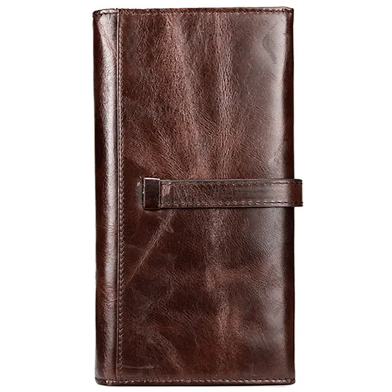 100% First Layer Long Wallet Men Leisure Business Vintage Oil Wax Genuine Leather Wallets Pocket Many Card Slot Purse Cowhide