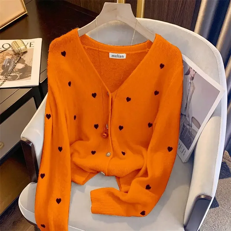 Printing V-neck Cardigan Sweater Coat Femme 2024 Autumn New Sweet Soft Long Sleeve Coat Women Clothing All-match Buttons Tops