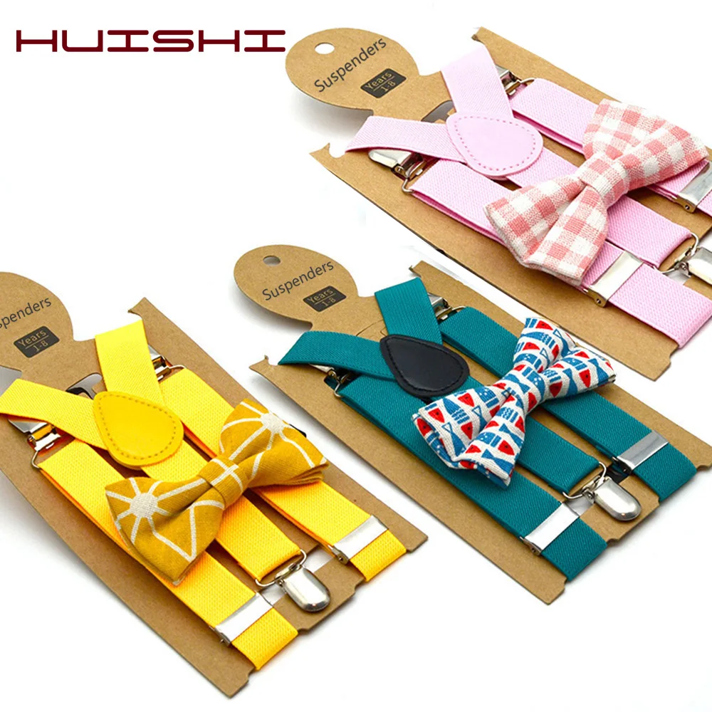 Kids British Style Suspenders and Bow Tie Set Boys Braces Bowties Girls Tirantes Popular Three Clip Suspenders Elasticity