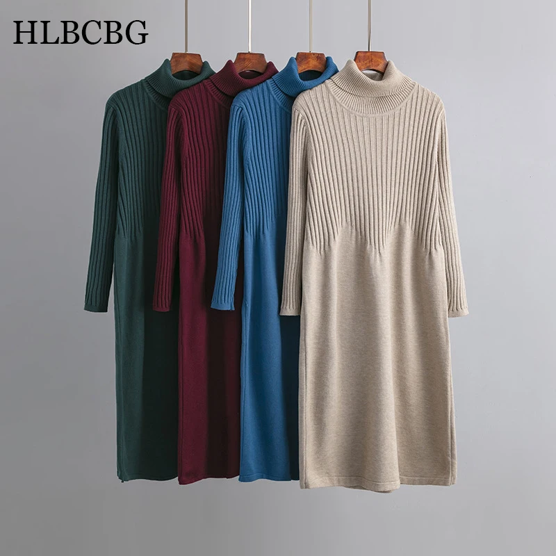 HLBCBG 2023 New Spring Autumn Turtleneck Solid Loose Dresses Women Knitted Dresses Solid Female Long Sleeve Sweater Dress